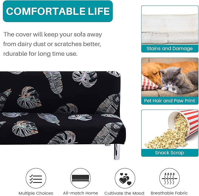 Beacon Pet Stretch Sofa Slipcover Armless Futon Cover Printed Fitted Furniture Protector Elastic Polyester Spandex Washable Armless Sofa Cover Folding Couch Shield Sofa Cover