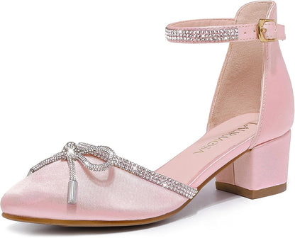 LAURMOSA Girls Sandals Closed Toe High Heels Pointed Toe Ankle Strap Pumps Flower Girl Dressy Shoes in Wedding Party Cute Bowknot Chunky Block Heeled for Little Big Kids (Little Kids Size 11)