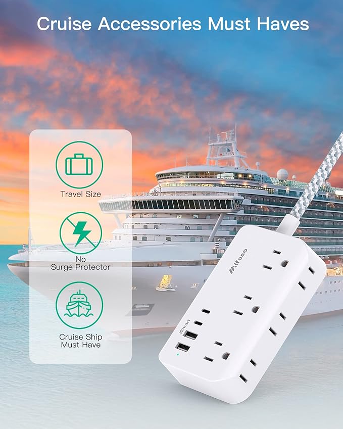 Power Strip Extension Cord - 6 Outlets and 4 USB (2 USB C), 5Ft Braided Cord with Ultra Thin Flat Plug, Wall Mount, Overload Protection, Compact for Travel, Cruise Ship, and Dorm Room Essentials