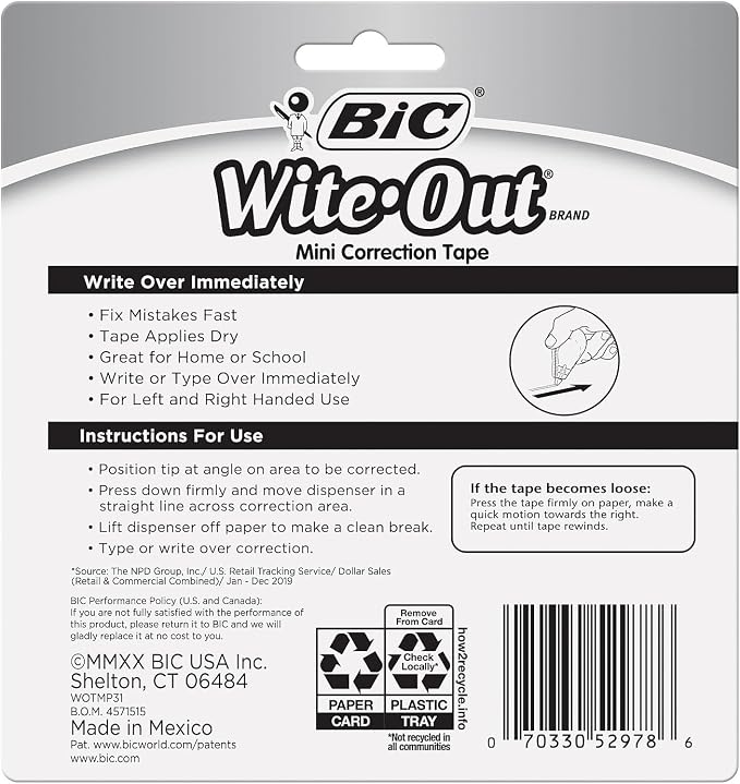BIC Wite-Out Mini Correction Tape, White, 3/Pack (WOTMP31-WHI)