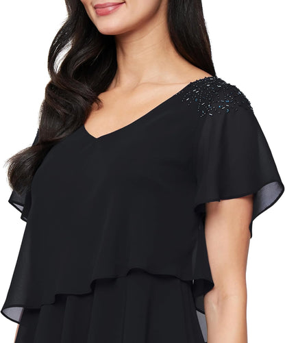 S.L. Fashions Women's V-Neck Chiffon Cocktail Dress with Beaded Shoulders and Asymmetrical Tiers (Petite and Regular Sizes).