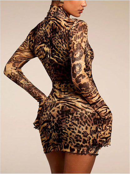 SOLY HUX Women's Graphic Print Bodycon Mini Dress Turtleneck Long Sleeve Pencil Dresses .
