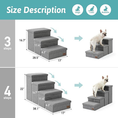 Dog Stairs with Storage 22" H, 4-Step Wider Dog Steps, Up to 180 lbs, Grey