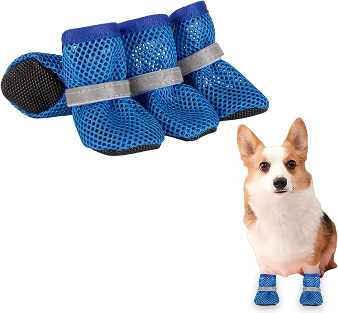Summer Breathable Dog Shoes for Small Dogs, Breathable Mesh Dog Boots for Summer Hot Pavement, Reflective Adjustable Non Slip Paw Protectors for Small Dogs Cat Puppy (Blue, S)