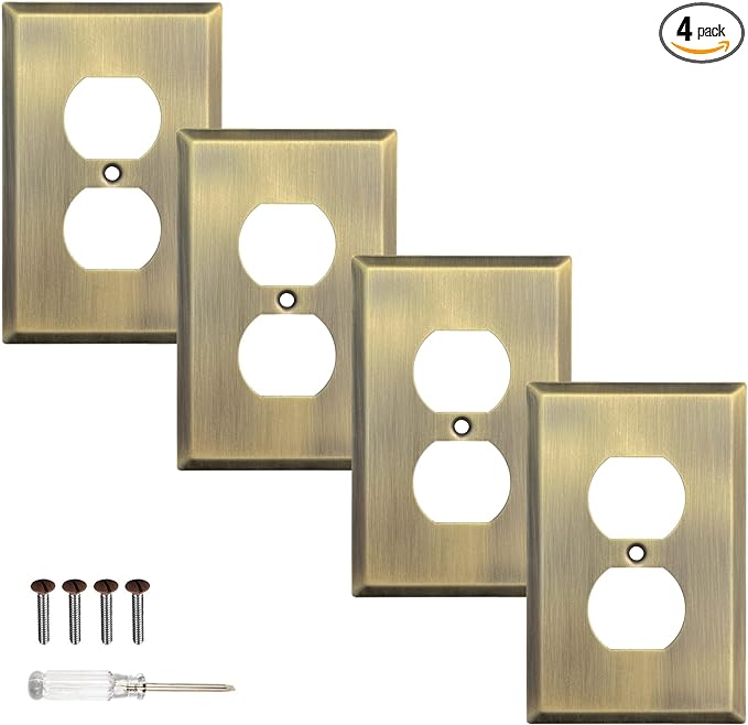 Wall Plate, Metal Duplex Outlet Covers, Light Switch Cover - Decorative Outlet Cover Plate Variety of 13 Styles: DecoratorDuplexToggleCombo, Antique Brass (Single Duplex 4 Pack)