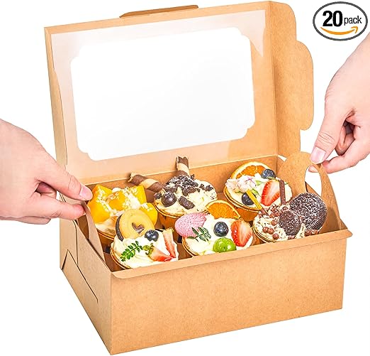 UnicoPak 20 Pack 10 x 6.8 x 4 Inch Tall Brown Cupcake Boxes with Handle Tray, Cupcake Boxes 6 Count, Large Cupcake Boxes Muffin Boxes for Standard or High Creams Cupcakes Jumbo Cupcakes