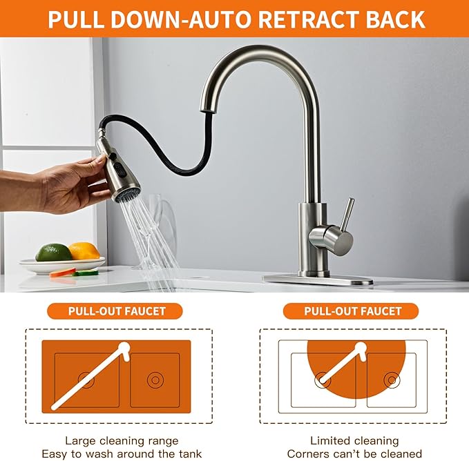 Kitchen Faucet with Pull Down Sprayer Brushed Nickel, High Arc Single Handle Sink Deck Plate, Commercial Modern rv Stainless Steel Faucets, Grifos De Cocina