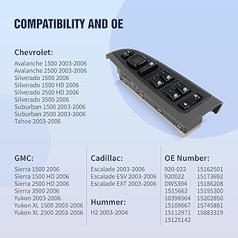 15883319 Front Driver Side Master Power Window Switch with Folding Mirror for 2003-2006 Chvey Silverado Avalanche Suburban Tahoe GMC Yukon Cadillac Escalade and H2, Replace DWS394