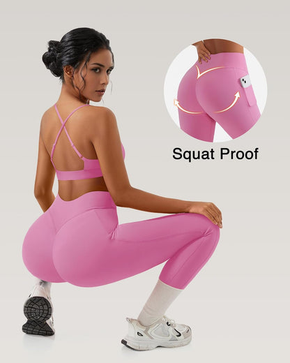 RXRXCOCO 2 Piece Workout Sets for Women Strappy Sports Bra Booty Leggings with Pockets Yoga Gym Outfits.