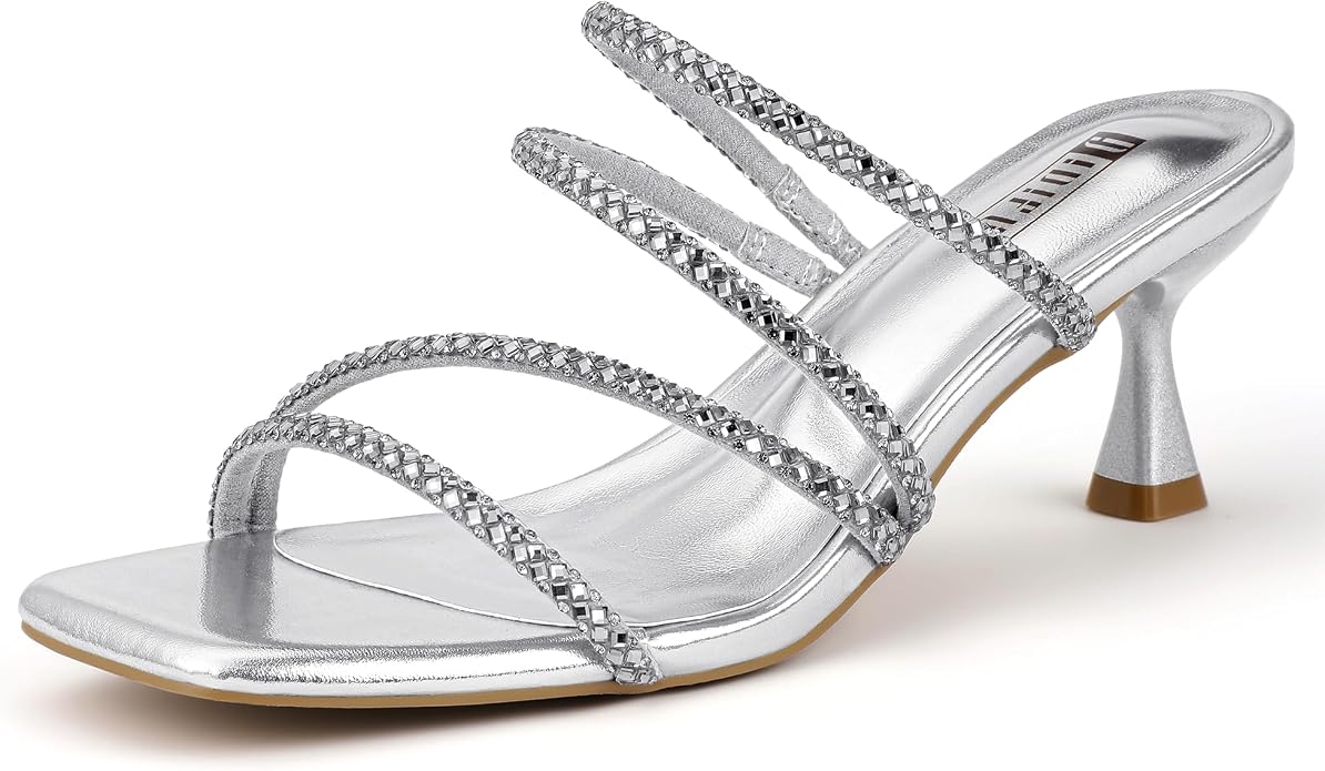 Size 11. IDIFU Rhinestone Heels Slip On Strappy Low Kitten Heels | Square Open Toe Low Heels Wedding Bridal Prom Party Dress Shoes for Women Comfortable Formal Sparkly Heeled Sandals