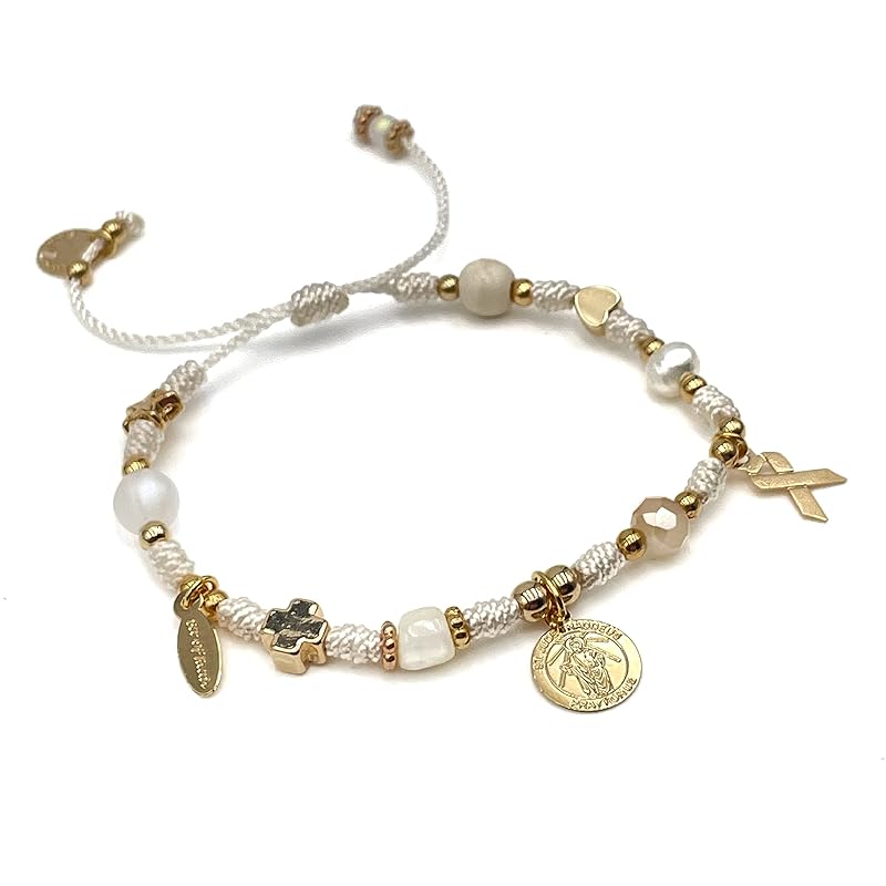 St Jude Thaddeus Blessed Bracelet for Health Pray Saint of Hope and Impossible Causes Pulsera de San Judas Adjustable Religious Jewelry for Women and Teenagers (Ivory)