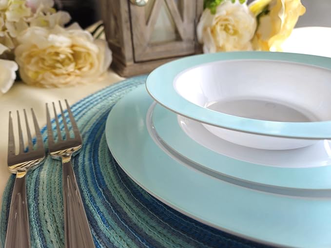 " OCCASIONS " 60 Plates Pack, Disposable Wedding Party Plastic Plates (10.5'' Dinner Plate, Rio in White  Pearled Turquoise Blue)