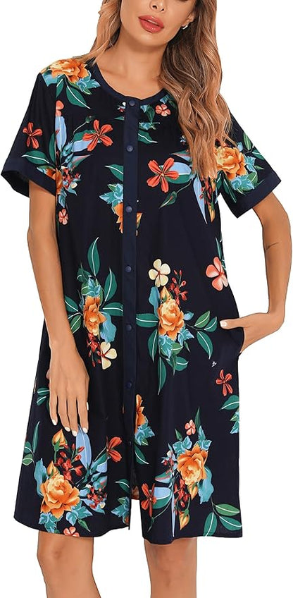 YOZLY House Dress for Women Short Sleeve House Coats Dusters Robe Moomoo nightgowns with Pockets