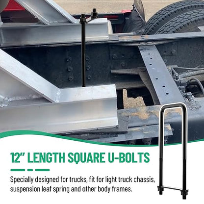 12 inch Square Bend U-Bolt Kits, Heavy Duty Steel Square U-Bolts with 6 inch Tie Plates for Truck Chassis