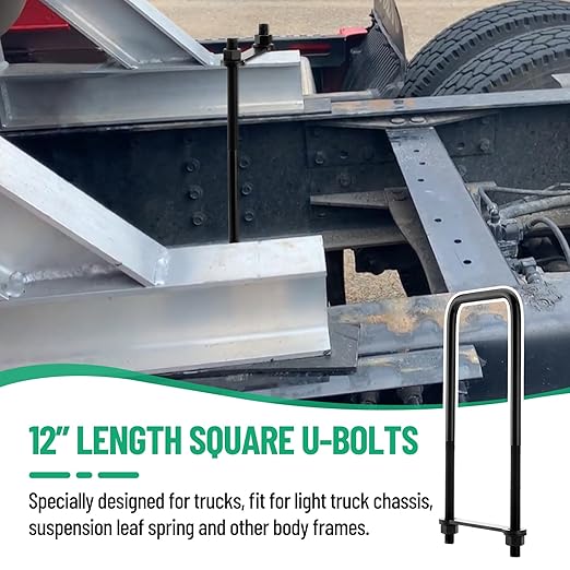 12 inch Square Bend U-Bolt Kits, Heavy Duty Steel Square U-Bolts with 6 inch Tie Plates for Truck Chassis