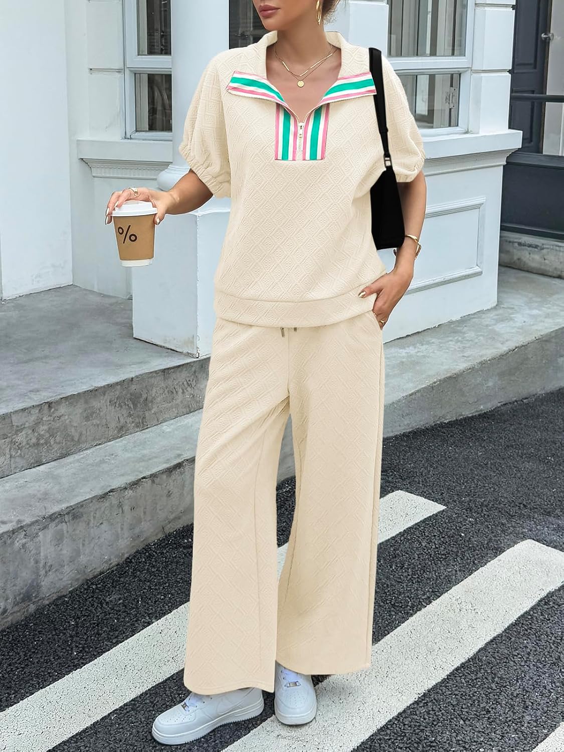 Womens 2 Piece Outfits Textured Color Block Half Zipper Puff Short Sleeve Tops Cropped Wide Leg Pant Lounge Sets