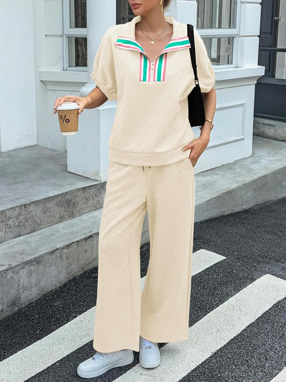 Womens 2 Piece Outfits Textured Color Block Half Zipper Puff Short Sleeve Tops Cropped Wide Leg Pant Lounge Sets