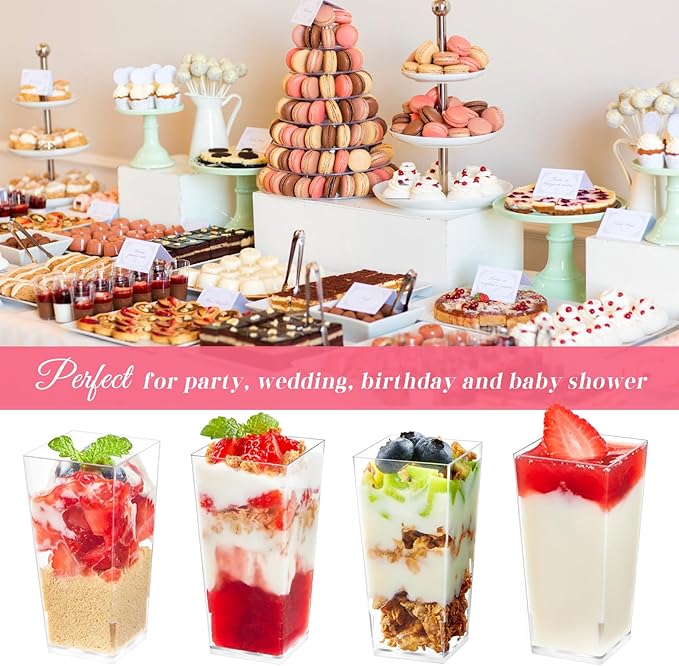 Kucoele 50 Pack 3oz Mini Dessert Cups with Spoons, Square Tall Shooter Cups Clear Plastic Party Serving Cups for Parfait, Appetizer, Pudding, Yogurt and Ice Cream