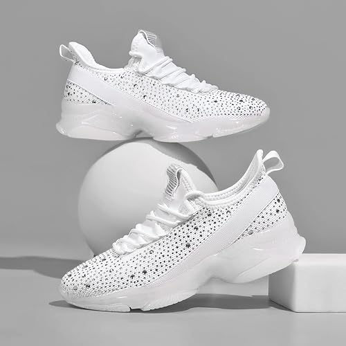 BELOS Women's Rhinestone Mesh Slip On Walking Shoes Fashion Breathable Spakle Glitter Sneaker