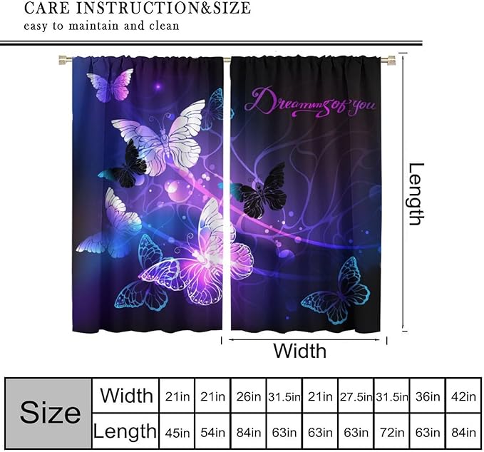 Butterfly Window Curtain, Purple Fantasy Dream Butterfly Curtains for Girls Kids Bedroom Bedroom Nursery Room Living Room 52" W X 84" L