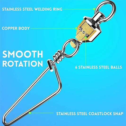Ball Bearing Snap Swivels, Stainless Steel Coastlock Clips Corrosion Resistant Trout Fishing Gear Catfishing Tackle Kayak Accessories for Lures Leaders Test 55 Lb -285 Lb (50 or 25 Pcs for Choice)