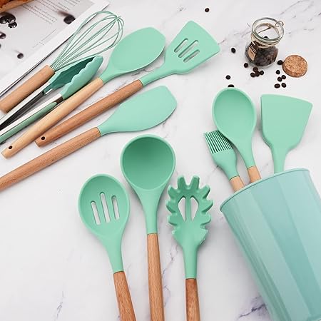 1pc Green Silicone Slotted Spoons Cooking Large Serving Spoon, Heat Resistant Cooking Utensils for Kitchen Cooking Baking Stirring Mixing Tools