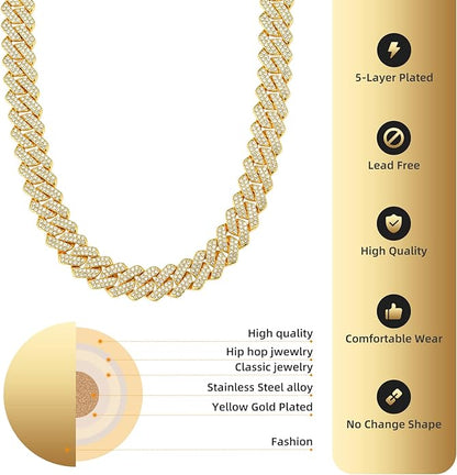 Mens Cuban Link Chain Miami Cuban Necklace 18K Gold Silver Chain Diamond Cut Chains For Men Women 14mm Iced Out Hip Hop Jewelry