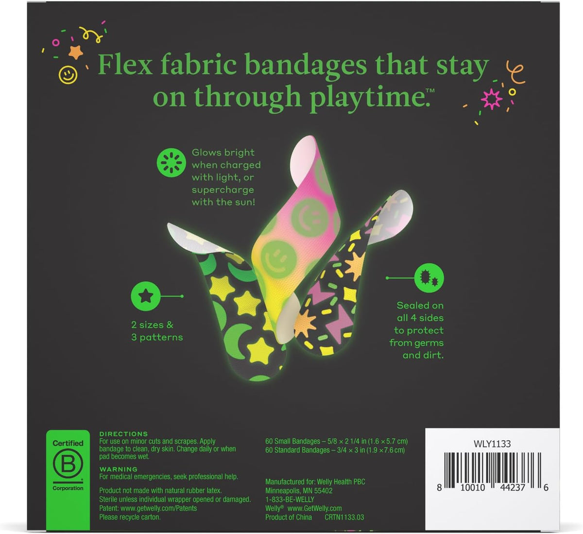 Welly Bandage Glow-in-the-Dark Refill Pack | Adhesive Flexible Fabric Bandages | Assorted Shapes and Patterns for Minor Cuts, Scrapes, and Wounds - 105 Count (Mostly complete set. 55 short, 50 long)