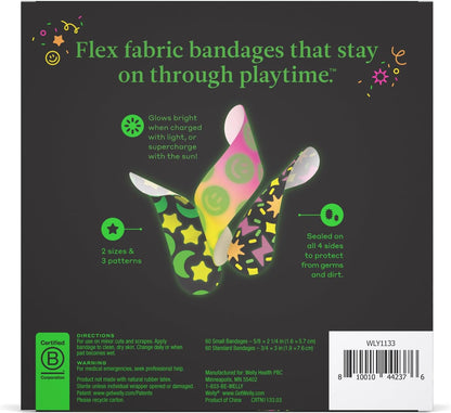 Welly Bandage Glow-in-the-Dark Refill Pack | Adhesive Flexible Fabric Bandages | Assorted Shapes and Patterns for Minor Cuts, Scrapes, and Wounds - 105 Count (Mostly complete set. 55 short, 50 long)