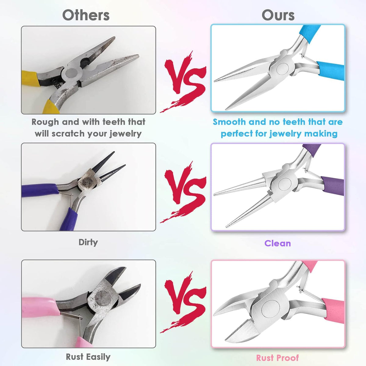 This premium pliers set includes needle nose, round nose, and wire cutters - perfect for all your jewelry projects, repairs, and crafting needs.