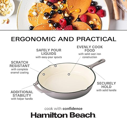 Hamilton Beach Enameled Cast Iron Fry Pan 12-Inch Gray, Cream Enamel coating, Skillet Pan For Stove top and Oven, Even Heat Distribution, Safe Up to 400 Degrees, Durable