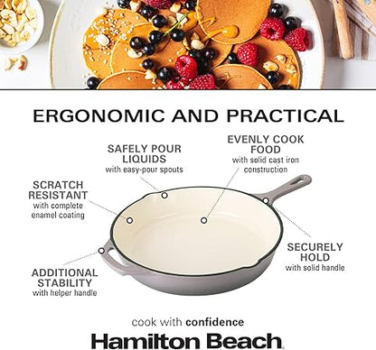 Hamilton Beach Enameled Cast Iron Fry Pan 12-Inch Gray, Cream Enamel coating, Skillet Pan For Stove top and Oven, Even Heat Distribution, Safe Up to 400 Degrees, Durable