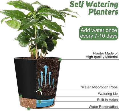 Indoor self-watering pots with drainage holes and saucers, 8, 7, 6.5, 6, 5.5, 5 inches, black color, 6 pots