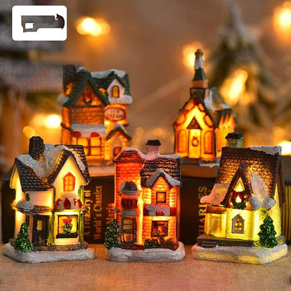 Christmas Resin House LED Snow Village House for Holiday Children Gifts Decoration Crafts Collectible Villa Town Animated Winter Wonderland Ornament (1PCS, B)