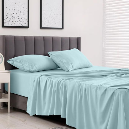 LUX Décor Queen Sheet Set - 4 Piece Ultra-Soft Microfiber Bed Sheets with Flat Sheet, 16 Inches Deep Pocket Fitted Sheet & 2 Pillowcases, Cooling & Breathable, Hotel Luxury, Oeko-TEX - Blue