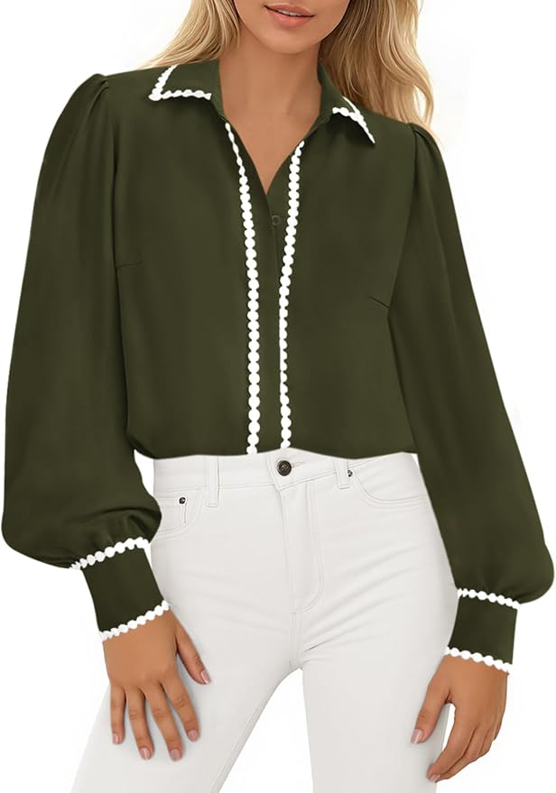 Large, Color Black, PRETTYGARDEN Womens Long Sleeve Button Down Shirts 2026 Trendy V Neck Loose Fit Fall Tops Collared Dressy Casual Blouses.