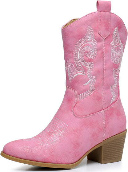 Women's Mid Calf The Western Cowgirl Boots Fashion Cowboy Boots For Women Chunky Low Heel