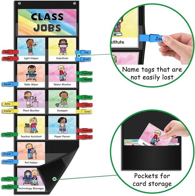 ABCxGOOD Class Jobs Pocket Chart Class Management Educational Pocket Chart Teacher's Helper, Preschool Classroom Must Haves Supplies, Great for Classroom Homeschool. (Black) (Black, 29.5"10")