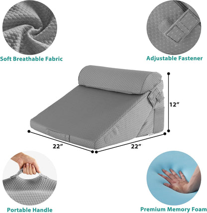 3Pcs Orthopedic Bed Wedge Pillow Set, Foam Wedge Pillow Post Surgery for Back, Leg and Knee Support, Adjustable 9&12 Inch Folding Triangle Pillow for Sleeping, Acid Reflux, Snoring, Gray