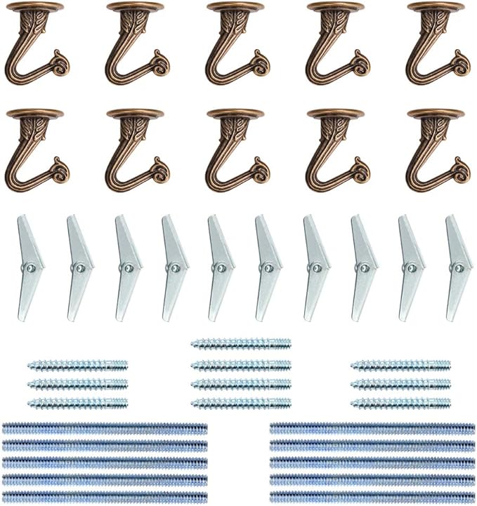 Wocoe 10 Sets Ceiling Hooks - Heavy Duty Swag Hook with Steel Screws Bolts and Toggle Wings for Hanging Plants and Toggle Wings Ceiling Installation Cavity Wall Fixing Brass