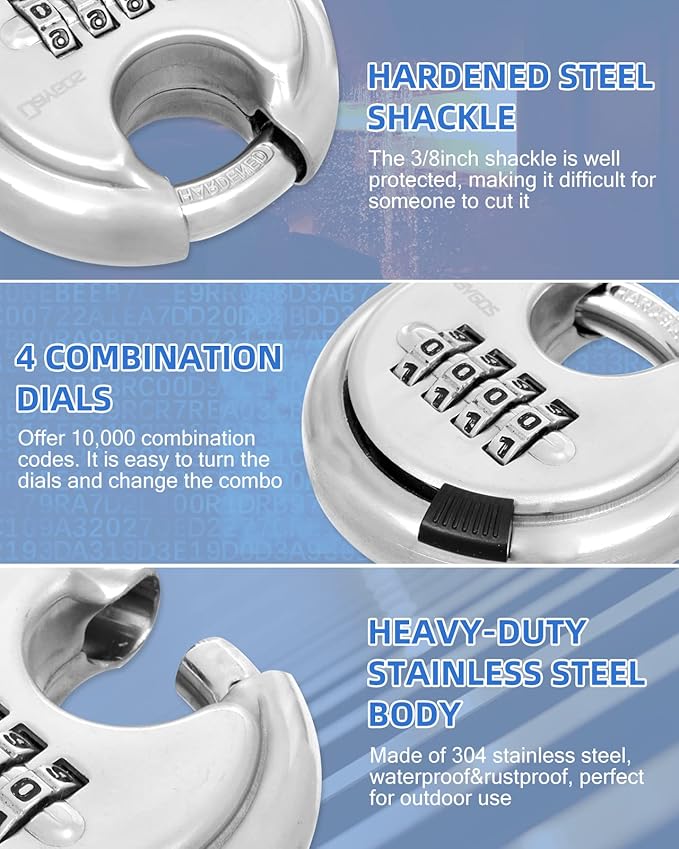 DAYGOS 4 Digit Combination Disc Padlock with Hardened Steel Keyless Heavy Duty Combo Lock for Sheds,Fence,Storage Unit,Trailer,Moving Cube(38-in Shackle)
