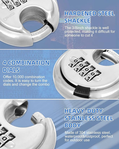 DAYGOS 4 Digit Combination Disc Padlock with Hardened Steel Keyless Heavy Duty Combo Lock for Sheds,Fence,Storage Unit,Trailer,Moving Cube(38-in Shackle)