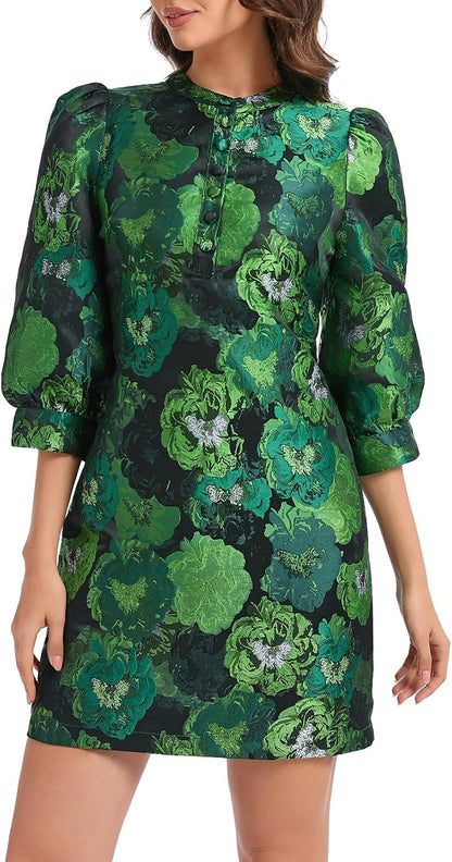 Ladyful Women's Floral Jacquard Shift Dress 2026 Long Puff Sleeve Button Up Elegant Cocktail Party Mini Dress