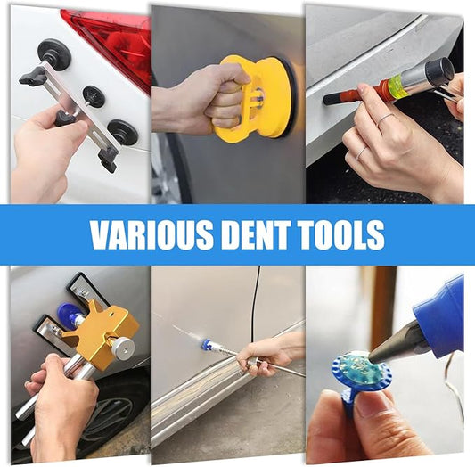 128PCS Dent Removal Kit,Paint-Safe Dent Removal Tools, DIY Dent Puller Set with Golden Lifter, T-Bar, Bridge Suction Cup Puller, Rubber Hammer  Glue Gun for Car Dent Removal