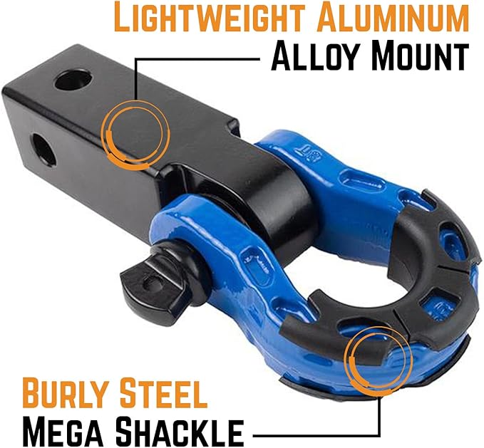 GearAmerica Aluminum 2x2 Hitch Receiver  Mega Shackle 32,000 lbs (16T) MBS, 16,000 lbs (8T) WLL - for Heavy Duty Towing and Off-Road Recovery - Includes Shackle, Washers  Pin - Black  Blue