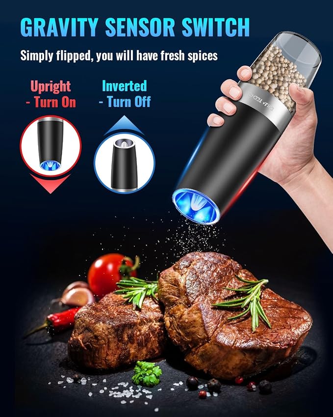 Sweet Alice Gravity Electric PepperSalt Grinder, Salt or Pepper Mill  Adjustable Coarseness, Battery Powered with LED Light, One Hand Automatic Operation, Stainless Steel (SingleBlack)