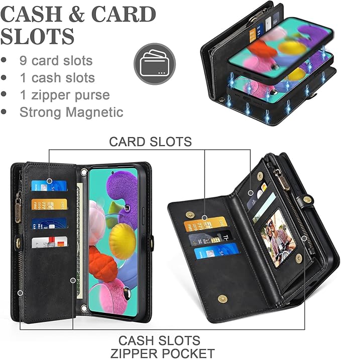 Wallet Case for Samsung Galaxy A51 4G with Detachable Magnetic Phone Case, Wrist Strap Shoulder Strap, Retro PU Leather Flip Stand Cell Phone Cover for A 51 M40S 51A A515F S51 Women Men Black