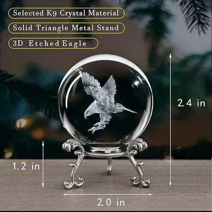 3D Engraved Eagle Crystal Ball with Stand Laser Etched Glass Eagle Figurine Carving Crystal Sphere Paperweight(2.4 in)