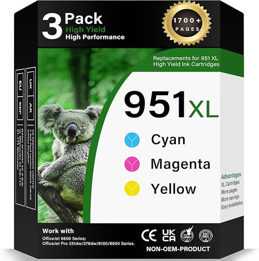 951XL Ink Cartridges Compatible Ink Cartridge for HP Printer-951 XL Combo Pack (Cyan, Magenta, Yellow) 3-Pack Replacement for HP 951 Work with OfficeJet Pro 8600 8610 8620 8100 8630 8660 76DW 251DW