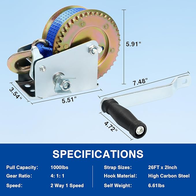 8milelake 1000lbs Hand Winch Hand Crank Strap Gear Winch Polyester Strap ATV Boat Trailer Heavy Duty